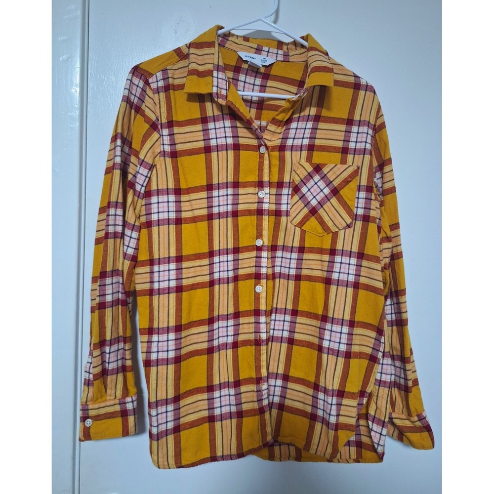 Old Navy Womens L The Classic Flannel Shirt Plaid Pocket Long Sleeve Yellow